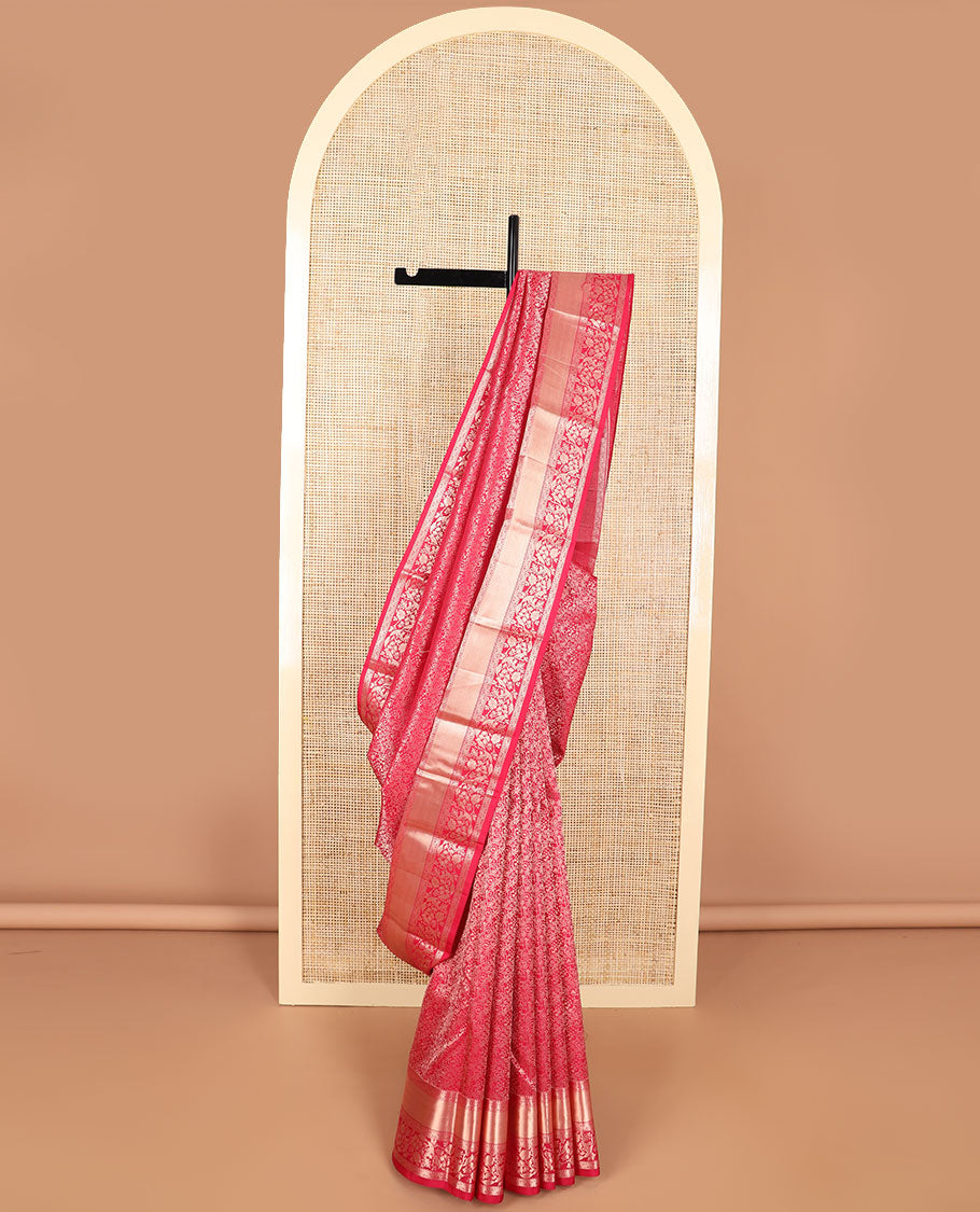 Red floral jaal design kancheepuram silk saree with self border of intricate zari design border & floral design pallu