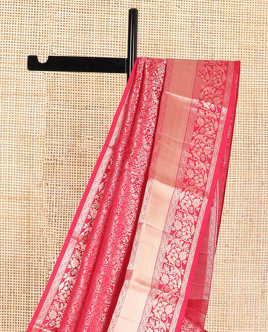 Red floral jaal design kancheepuram silk saree with self border of intricate zari design border & floral design pallu