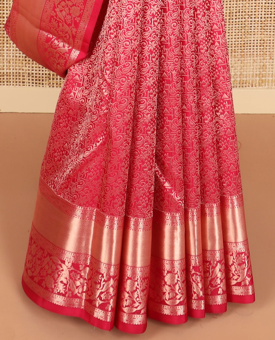 Red floral jaal design kancheepuram silk saree with self border of intricate zari design border & floral design pallu