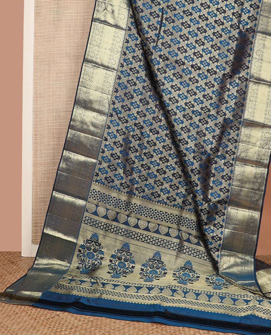Blue rangkat style jacquard Kanchipuram wedding silk saree, traditional zari border, and pallu of Mughal style floral bouquets