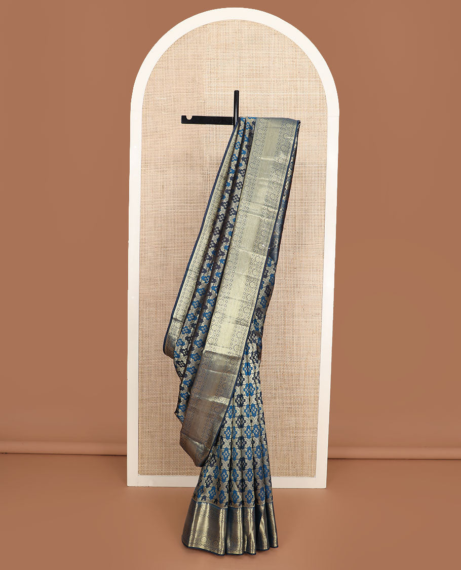 Blue rangkat style jacquard Kanchipuram wedding silk saree, traditional zari border, and pallu of Mughal style floral bouquets