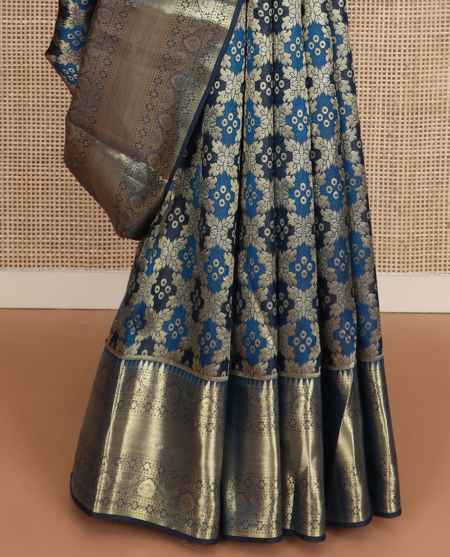 Blue rangkat style jacquard Kanchipuram wedding silk saree, traditional zari border, and pallu of Mughal style floral bouquets