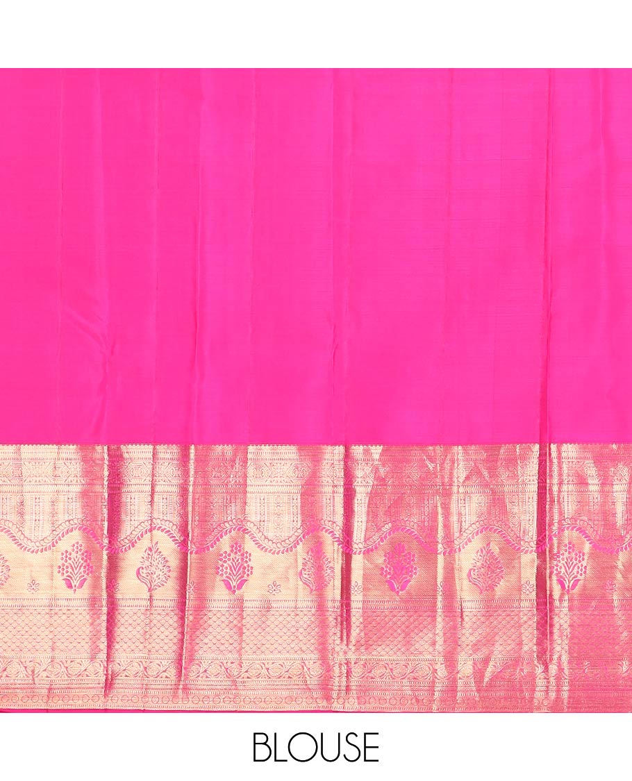 Pink floral jaal jacquard Kanchipuram wedding silk saree, contrast border steeped with traditional zari designs, and zari-rich jaal pallu