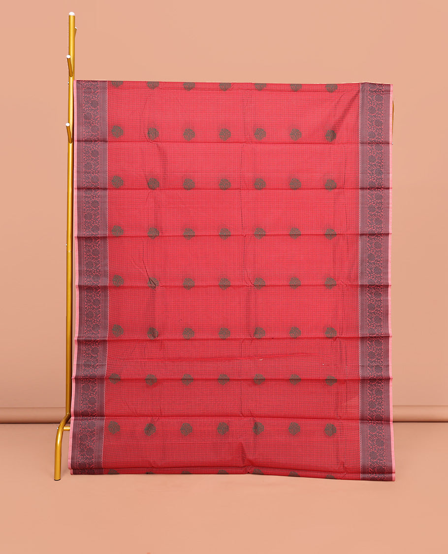 Red Semi-Silk Cotton Saree, Delicately Designed with Buttas All Over Its Body, Contrast Floral Design Border, Sparsely Woven Pallu, and Paired with a Matching Blouse