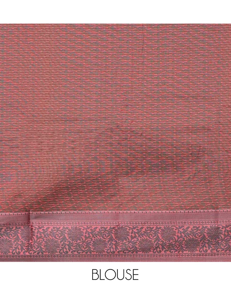 Red Semi-Silk Cotton Saree, Delicately Designed with Buttas All Over Its Body, Contrast Floral Design Border, Sparsely Woven Pallu, and Paired with a Matching Blouse