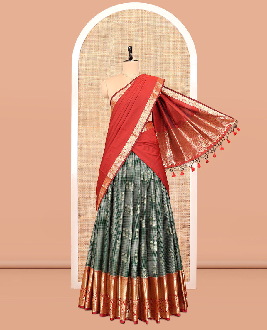 Green Art Silk Material Half Saree Set Featuring a Zari Buttas and Checked Skirt, a Contrast Traditional Zari Design Border, Contrast Blouse, and Zari Designs Dhavani