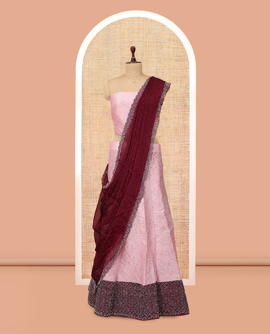 Pink Banarasi Half-Saree, Finely Crafted with Bead Work Skirt, a Contrast Stone Work Border, Matching Blouse, and Contrast Scallop Stone Work Dupatta