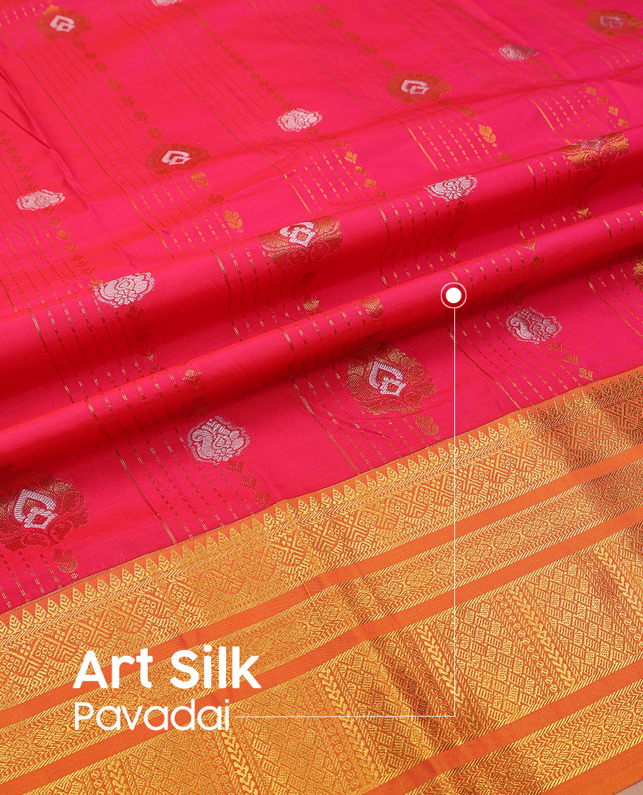 Red art silk pavadai set, zari design with contrast traditional zari bordered skirt and a contrast zari design blouse