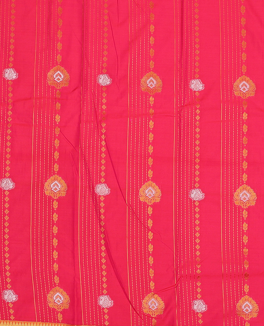 Red art silk pavadai set, zari design with contrast traditional zari bordered skirt and a contrast zari design blouse