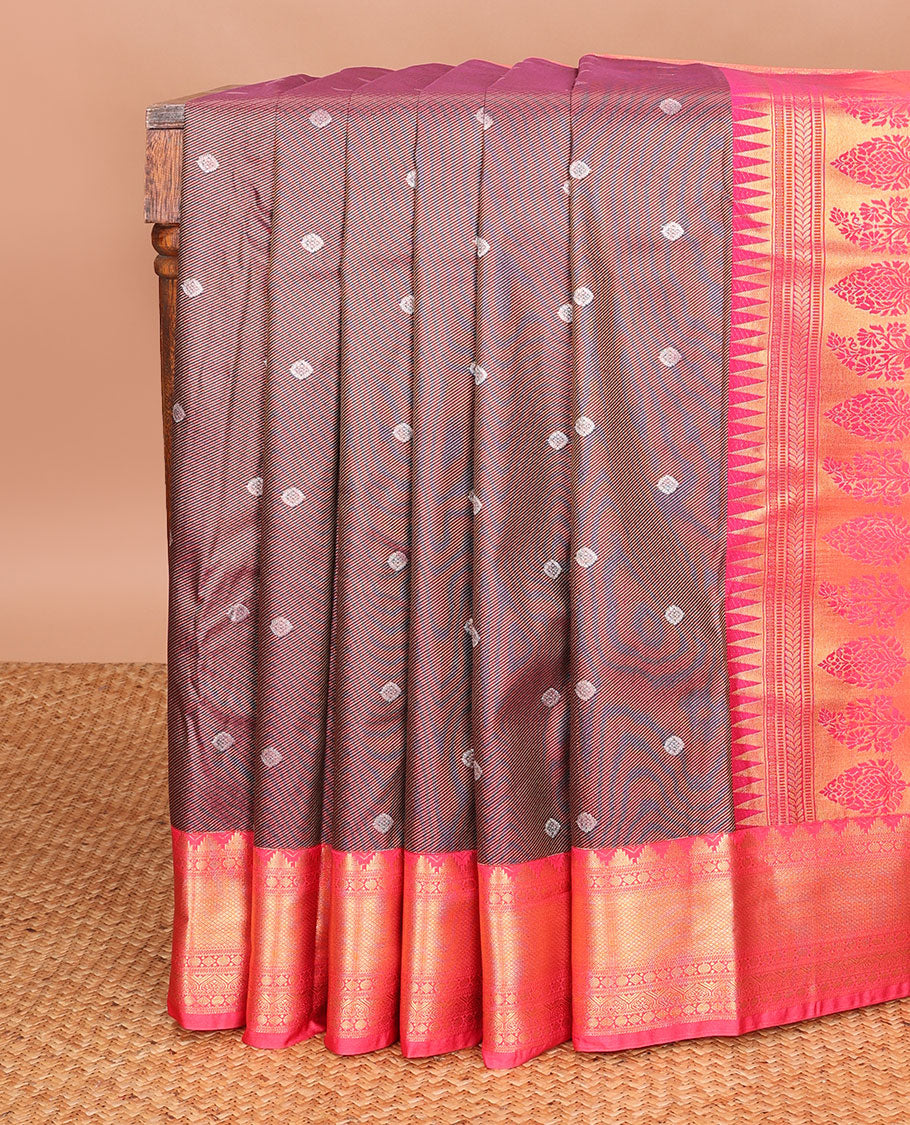 Brown leaf design gift saree with contrast rettai pettu zari design border & floral design pallu