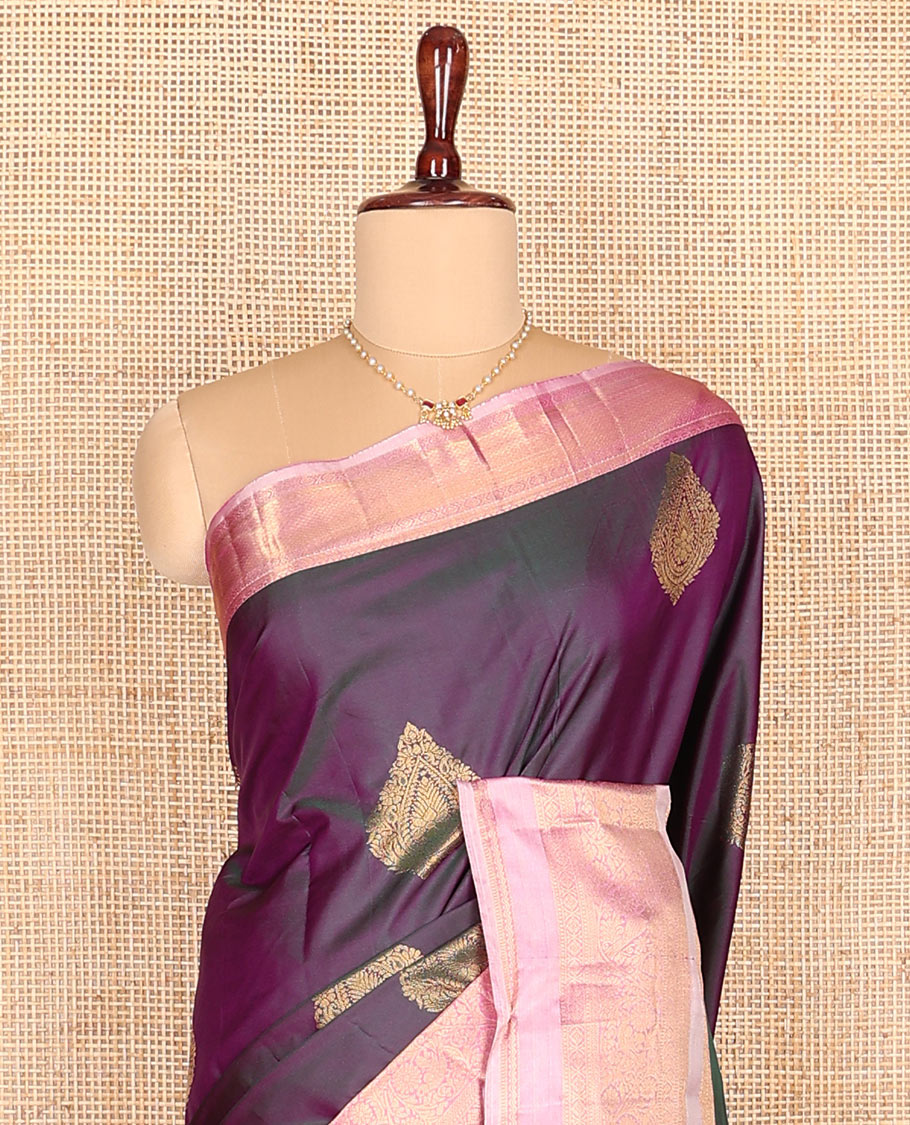 Purple zari buttas budget silk saree, contrast traditional zari varisai pettu border, and pallu of jaal design