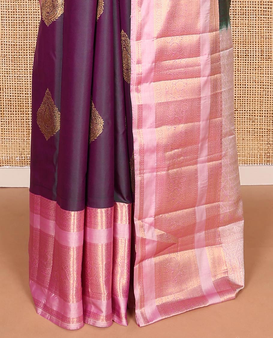 Purple zari buttas budget silk saree, contrast traditional zari varisai pettu border, and pallu of jaal design