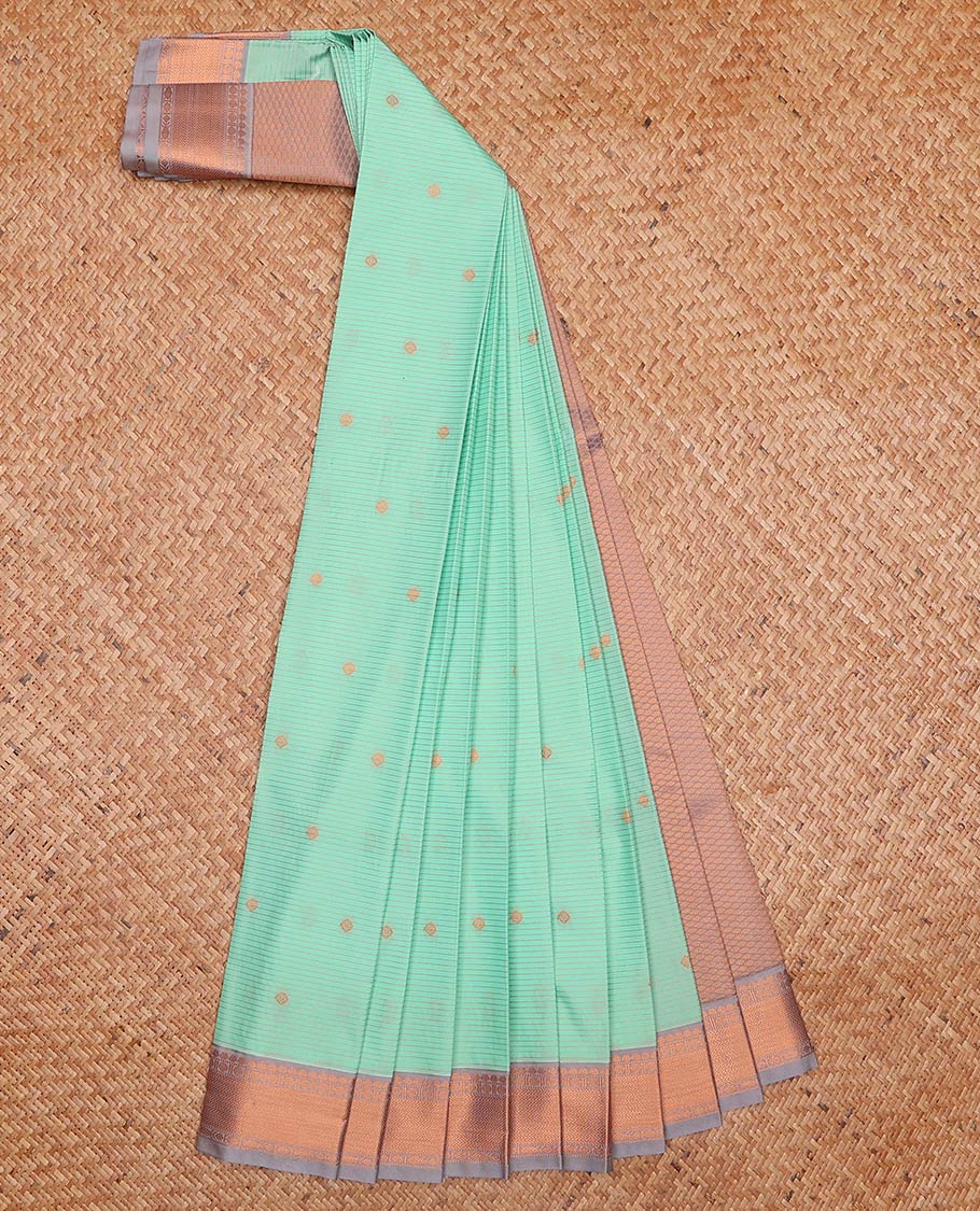 Turquoise zari buttas and striped gift saree, contrast traditional zari design woven border, and jaal pallu