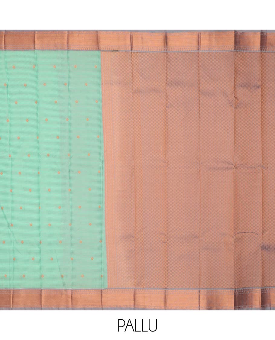 Turquoise zari buttas and striped gift saree, contrast traditional zari design woven border, and jaal pallu