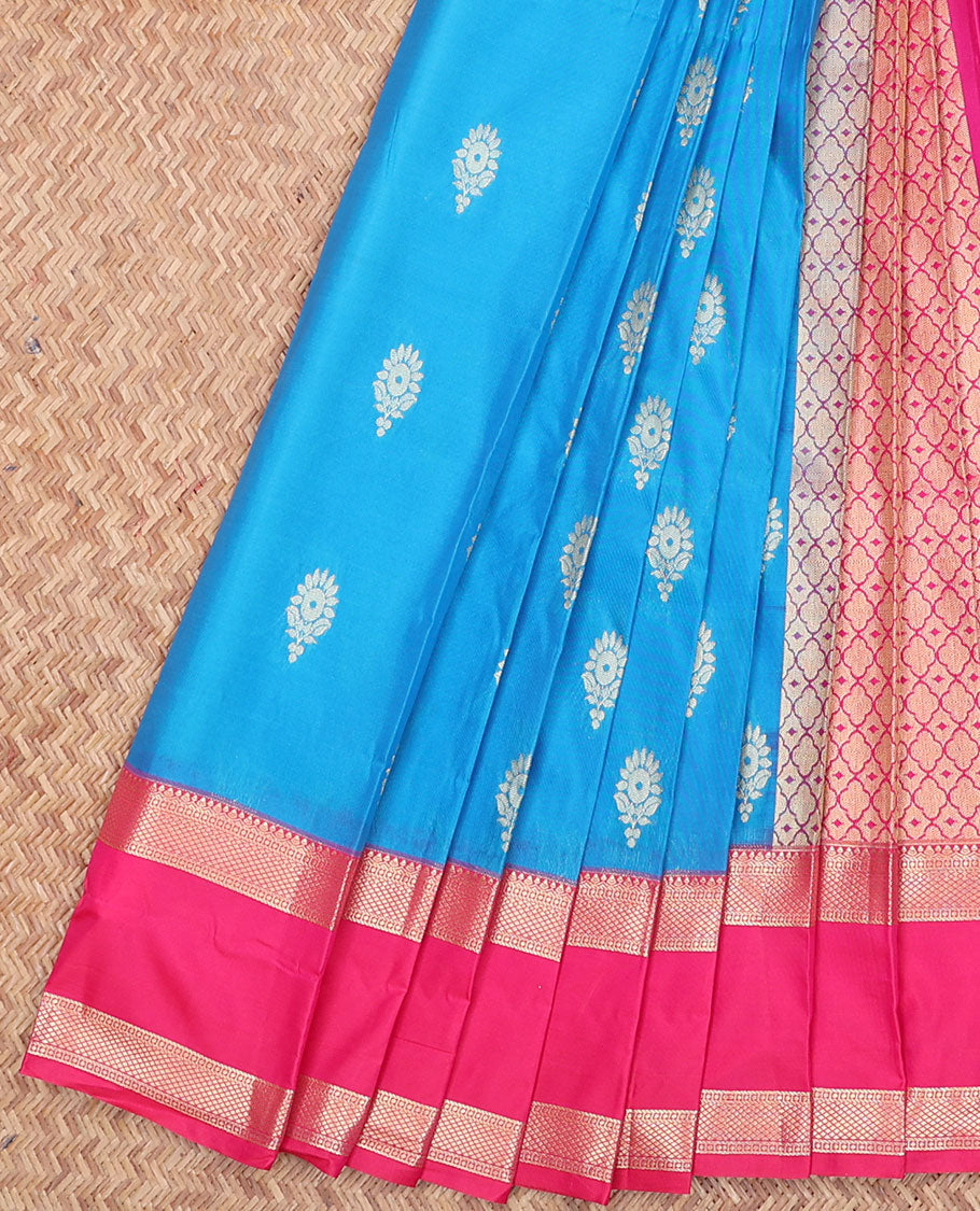 Blue Budget Silk Saree, Elevated with Buttas All Over Its Body, Complemented by a Contrast Traditional Zari Design Rettai Pettu Border, Grand Pallu of Jaal Designs, and Paired with a Contrast Blouse