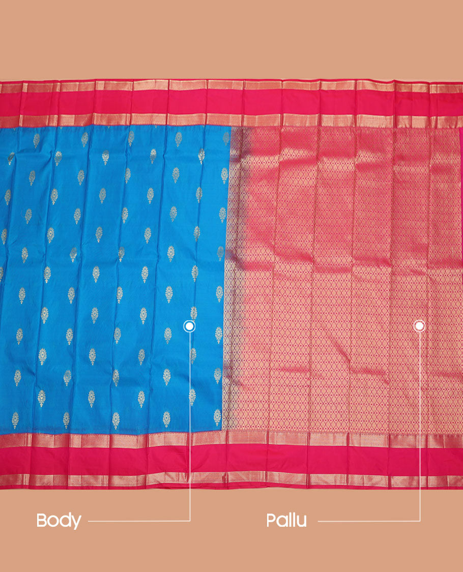 Blue Budget Silk Saree, Elevated with Buttas All Over Its Body, Complemented by a Contrast Traditional Zari Design Rettai Pettu Border, Grand Pallu of Jaal Designs, and Paired with a Contrast Blouse