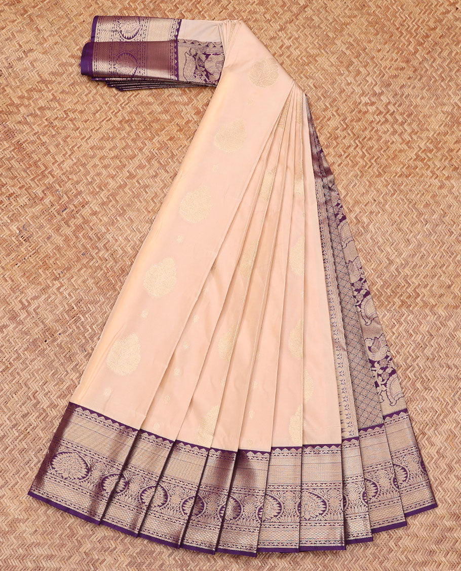Pale Peach Budget Silk Saree, Woven with Zari Buttas All Over Its Body, Complemented by a Contrast Traditional Zari Design Border, Grand Jaal-Patterned Pallu, and Paired with a Contrast Blouse