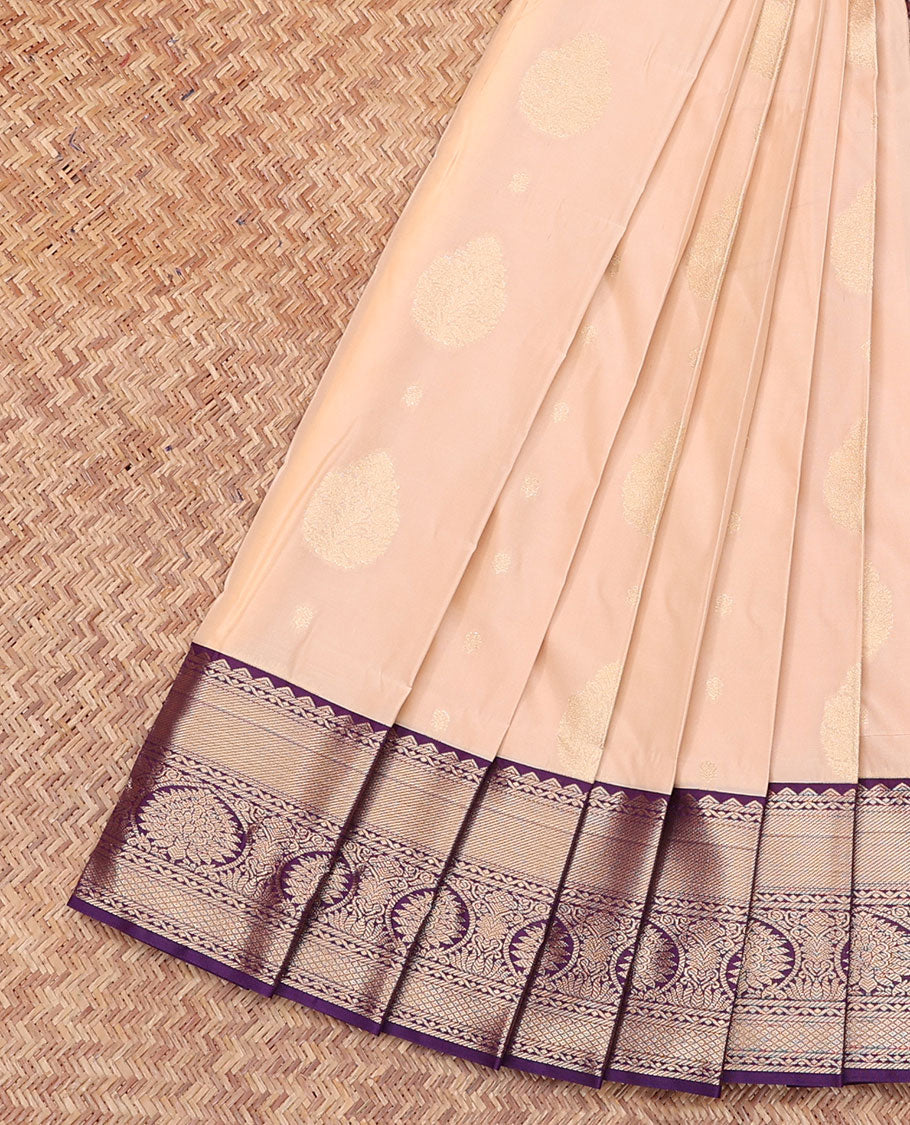 Pale Peach Budget Silk Saree, Woven with Zari Buttas All Over Its Body, Complemented by a Contrast Traditional Zari Design Border, Grand Jaal-Patterned Pallu, and Paired with a Contrast Blouse