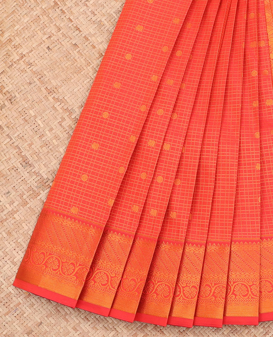 Orange Budget Silk Saree, Adorned with Zari Buttas and Checks All Over Its Body, Highlighted by a Traditional Zari Design Border, Ogee-Patterned Pallu, and Paired with a Matching Blouse