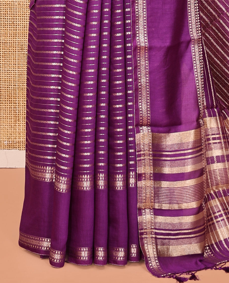 Purple Assam Silk Saree, Graced with Zari Stripes, Highlighted by a Traditional Border, Zari Striped Pallu, and a Matching Blouse