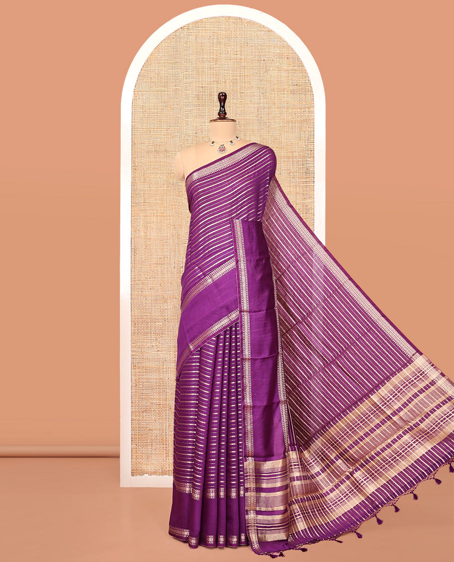 Purple Assam Silk Saree, Graced with Zari Stripes, Highlighted by a Traditional Border, Zari Striped Pallu, and a Matching Blouse