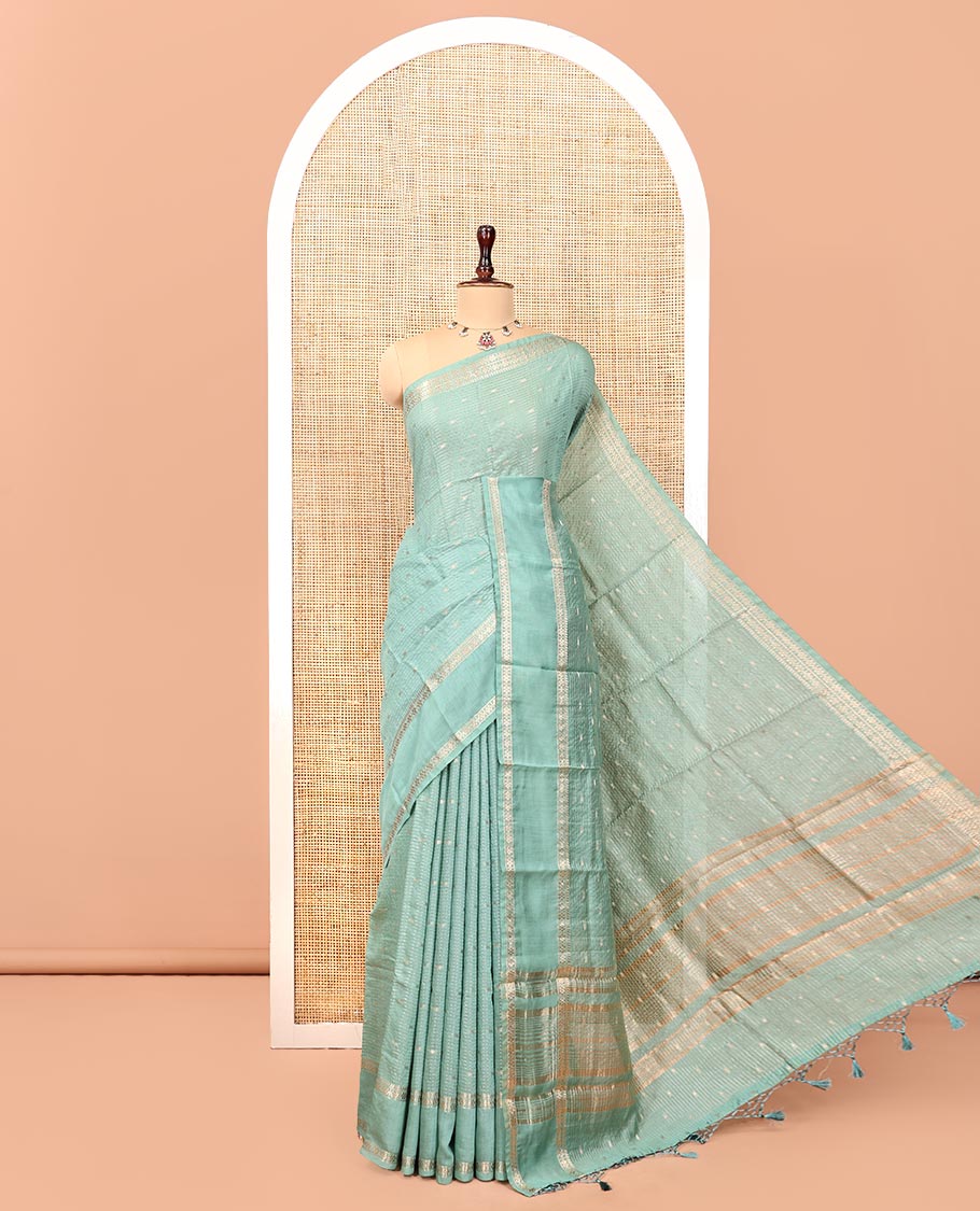 Blue Assam Silk Saree, Detailed with Buttas and Stripes, Traditional Zari Border, Zari-Design Pallu, and a Contrast Blouse