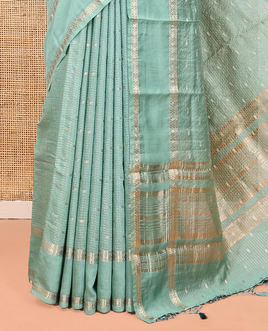 Blue Assam Silk Saree, Detailed with Buttas and Stripes, Traditional Zari Border, Zari-Design Pallu, and a Contrast Blouse