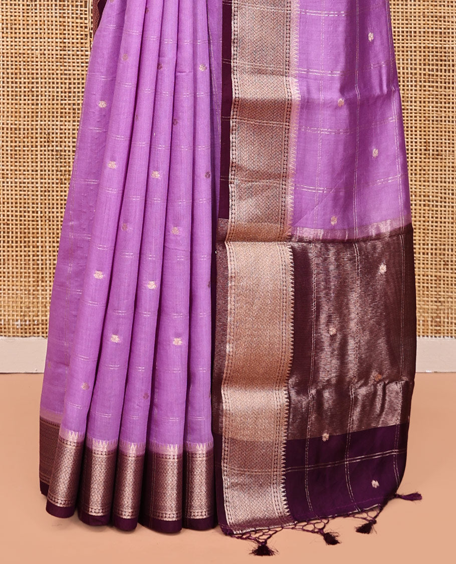 Light Purple Assam Silk Saree, Detailed with Zari Butta Enclosed Checks, Complemented by a Contrast Traditional Zari Border, Zari Design Pallu, and a Contrast Blouse