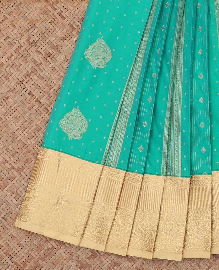 Turquoise Budget Silk Saree, Elevated with Zari Buttas and Stripes, a Contrast Traditional Zari Border, Sparsely Woven Pallu, and a Contrast Blouse