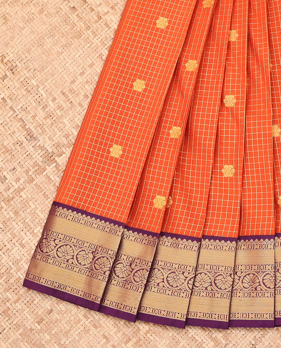 Orange Budget Silk Saree, Embellished with Zari Buttas, Complemented by a Contrast Traditional Zari Border, Grand Jaal Pallu, and a Contrast Blouse