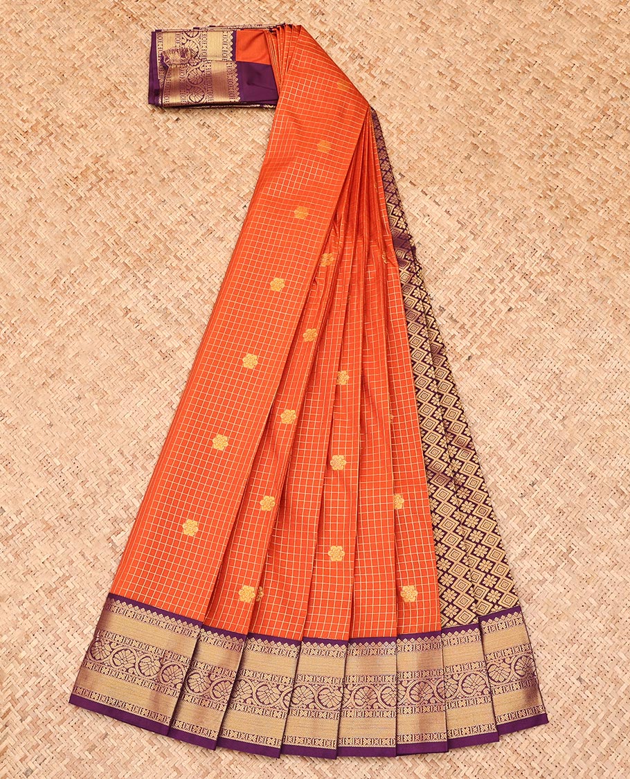 Orange Budget Silk Saree, Embellished with Zari Buttas, Complemented by a Contrast Traditional Zari Border, Grand Jaal Pallu, and a Contrast Blouse