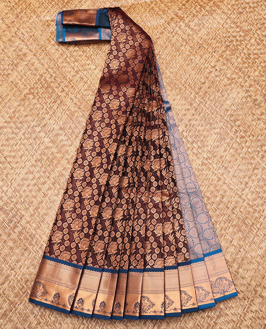 Brown Budget Silk Saree, Accentuated with Jacquard, Complemented by Contrast Traditional Zari Border, Intricate Pallu, and a Contrast Blouse