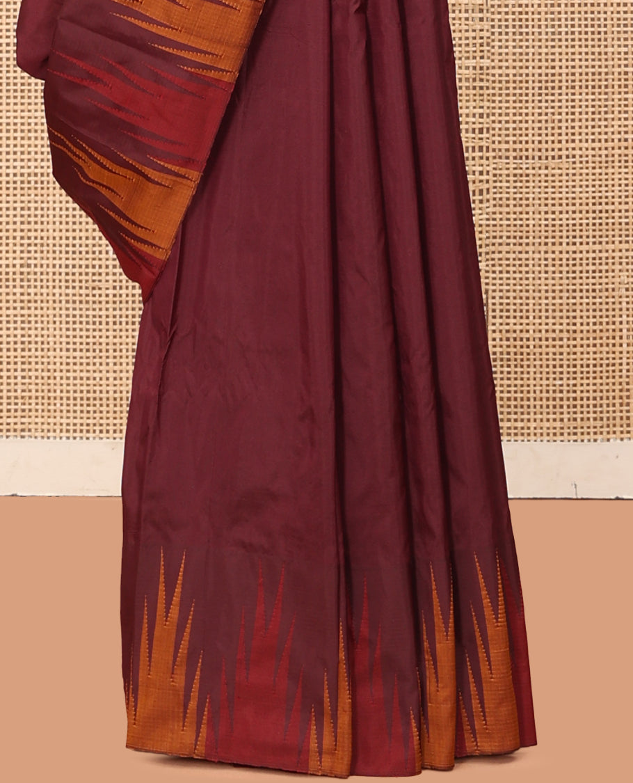 Maroon Plain Bangalore Silk Saree, Complemented by a Contrast Temple Border, Striped Pallu, and a Contrast Blouse