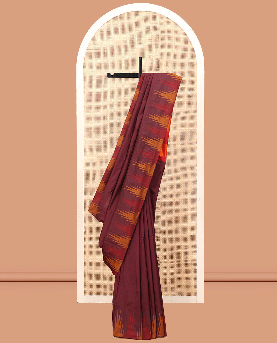 Maroon Plain Bangalore Silk Saree, Complemented by a Contrast Temple Border, Striped Pallu, and a Contrast Blouse