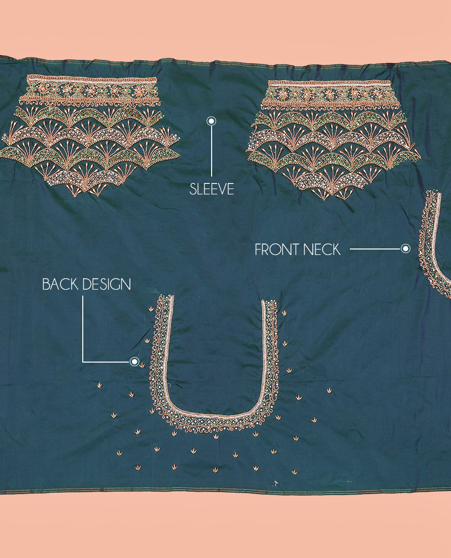 Blue Aari Material Blouse Adorned with Scallop Designs in Sugar Bead and Zarkan Stone Mixed Embroidery