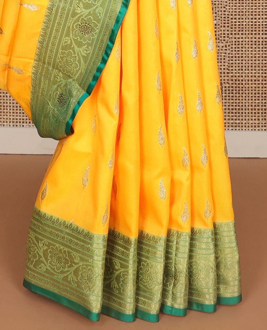 Orange buttas semi banaras nylon with contrast floral design border & floral jaal design pallu