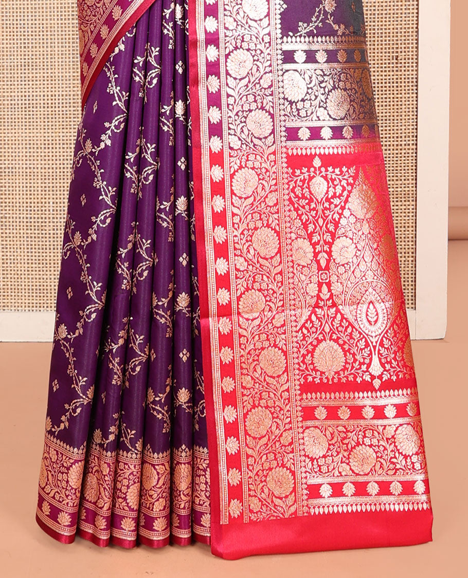 Purple Banarasi Nylon Saree, Gleamed Up with Jaal Jacquard, Contrast Floral Creeper Zari Border, Intricate Pallu, and a Contrast Blouse