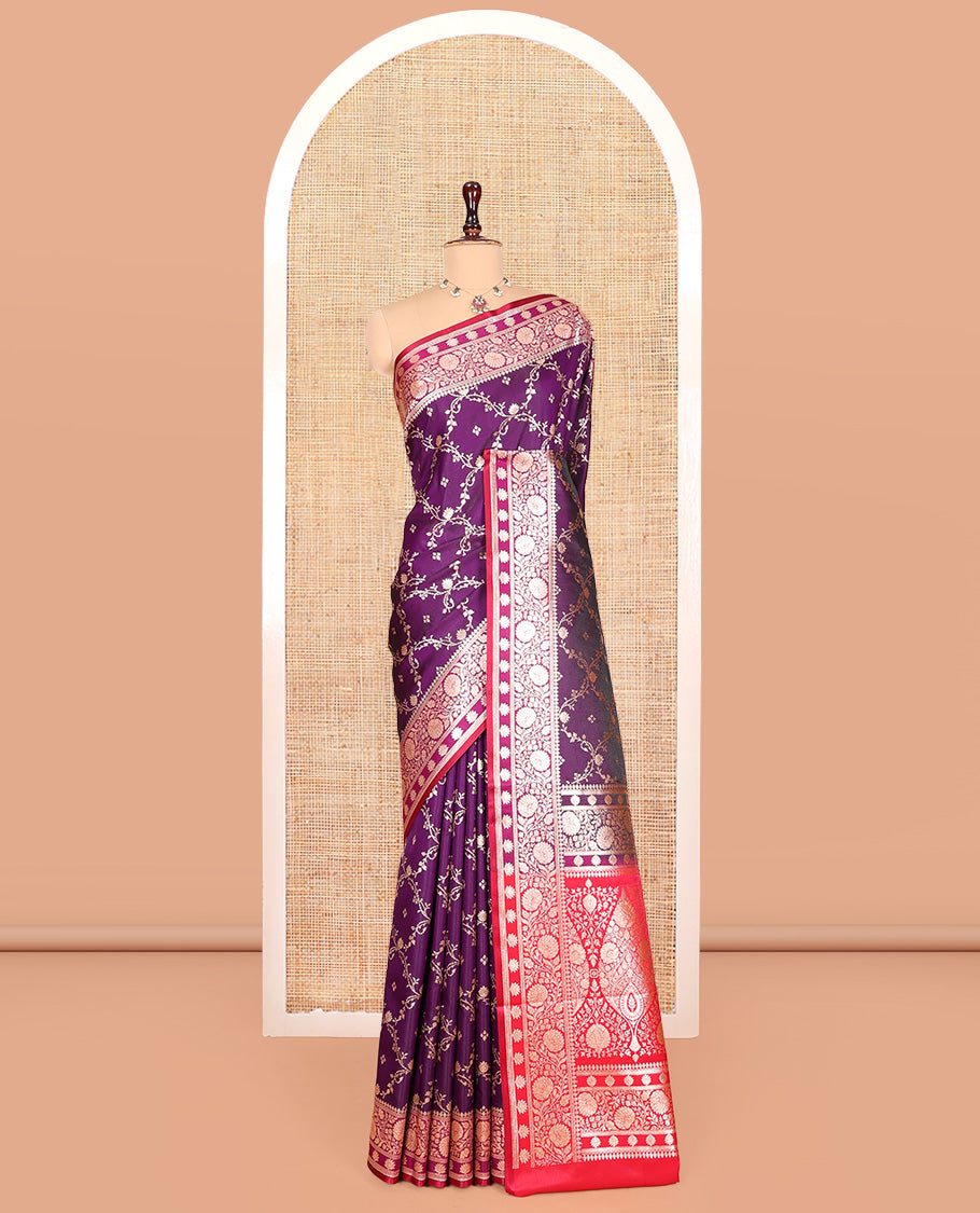 Purple Banarasi Nylon Saree, Gleamed Up with Jaal Jacquard, Contrast Floral Creeper Zari Border, Intricate Pallu, and a Contrast Blouse