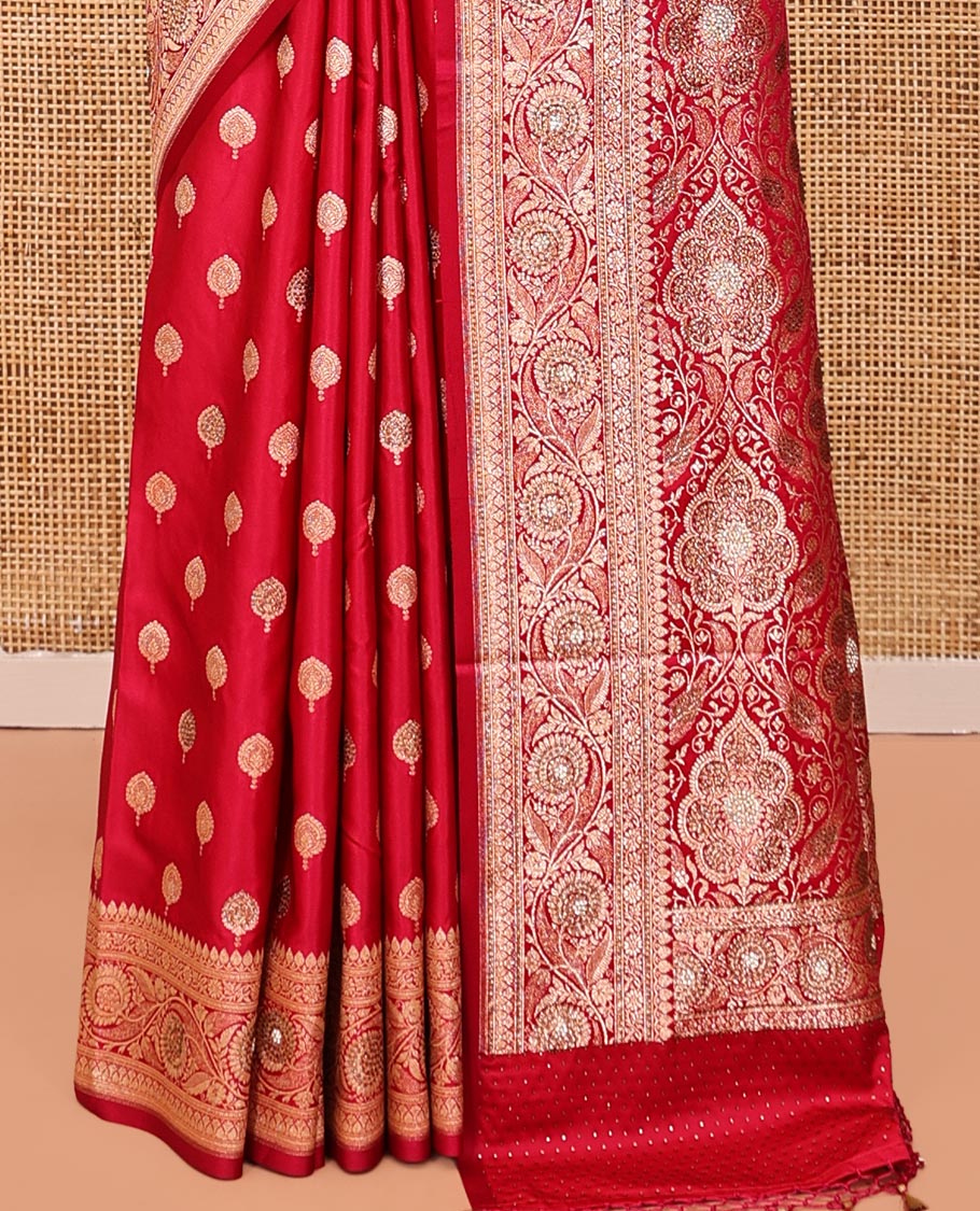 Red Banarasi Satin Saree, Detailed with Floral Buttas, a Floral Creeper Border, Intricate Stonework Pallu, and a Matching Blouse