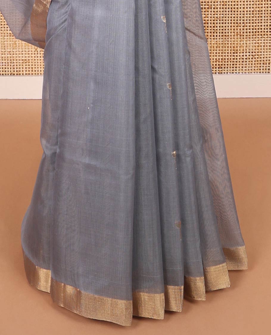Grey floral motifs chanderi cotton saree with contrast border & striped pallu