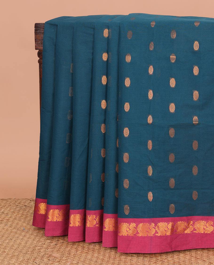 Blue zari buttas Venkatagiri cotton saree, contrast zari border of peacock motifs, and floral design pallu