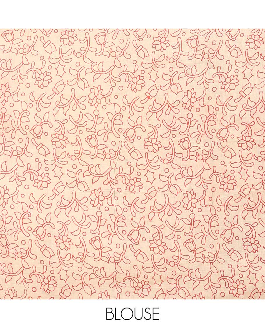 Grey floral and elephant motifs machine-printed Kalamkari cotton saree, contrast border of floral vine and pichwai cows, and pallu of peacock, and floral creeper design