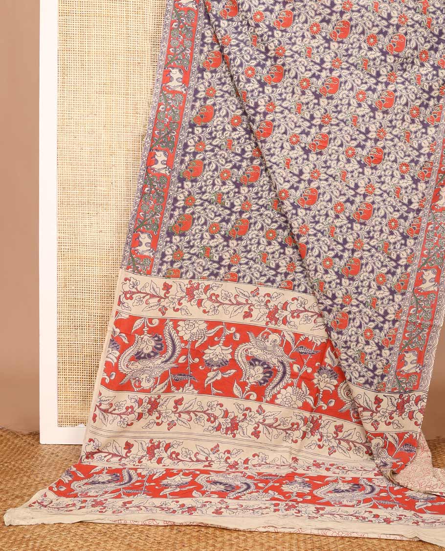 Grey floral and elephant motifs machine-printed Kalamkari cotton saree, contrast border of floral vine and pichwai cows, and pallu of peacock, and floral creeper design