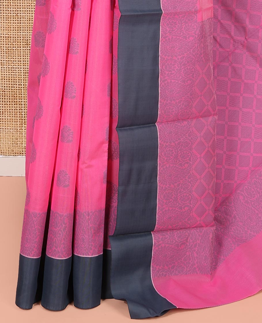 Pink Semi-Silk Cotton Saree, Sparsely Woven with Buttas and Floral-Paisley Design All Over Its Body, Complemented by Contrast Border, Sparsely Woven Pallu of Jaal Designs, and Paired with a Matching Blouse