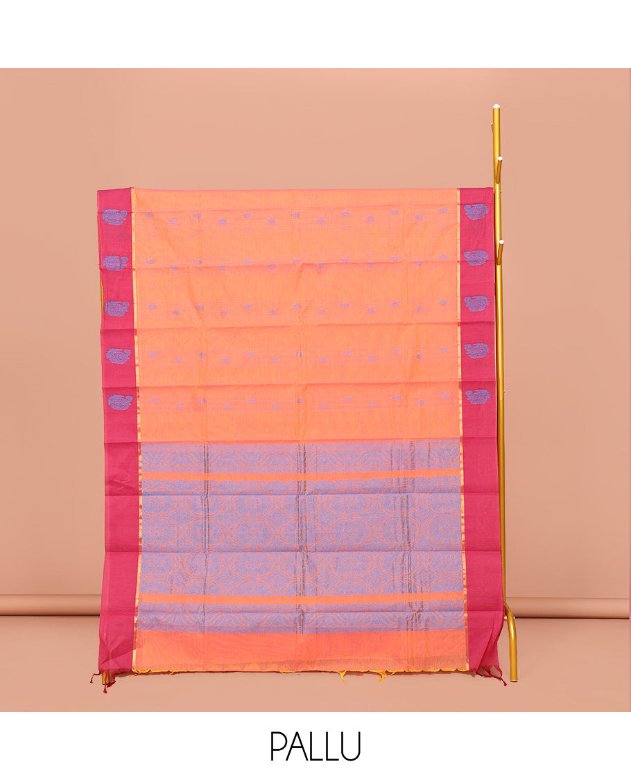 Orange Kanchi Cotton Saree, Woven with Buttas All Over Its Body, Complemented by Contrast Border, Delicately Woven Pallu, and Paired with Matching Blouse