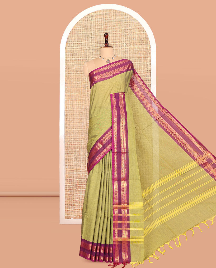 Green Plain Chettinad Cotton Saree, Complemented by a Contrast Rettai Pettu Traditional Zari Border, Striped Pallu, and a Matching Blouse