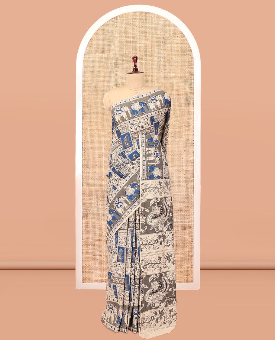 Blue-Grey Kalamkari Cotton Saree, Accentuated with Intricate Print, Complemented By Printed Border, Kalamkari Peacock Motifs Pallu, and a Matching Blouse