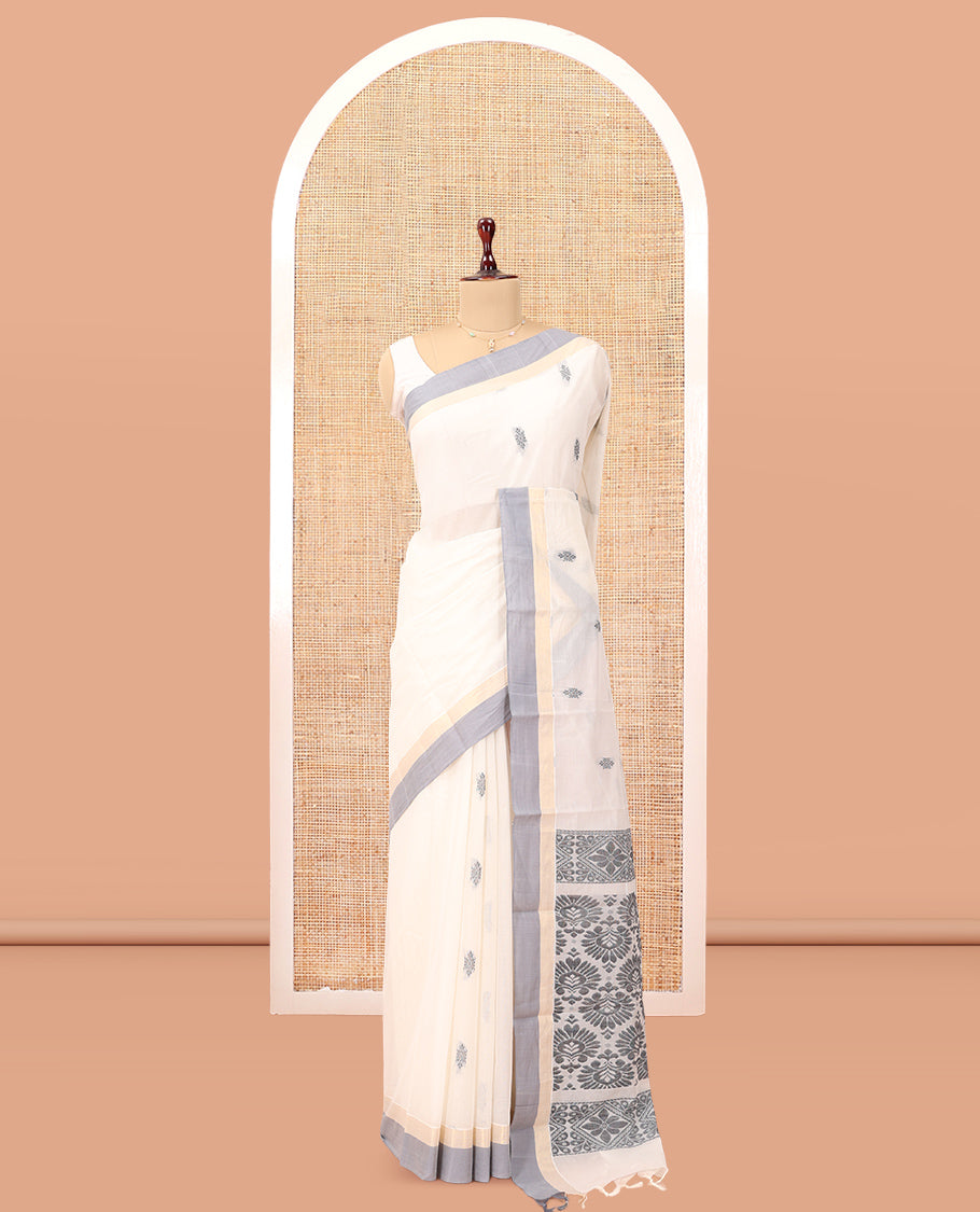White Kanchi Cotton Saree, Woven with Thread Buttas, a Contrast Border, Intricate Pallu, and a Matching Blouse