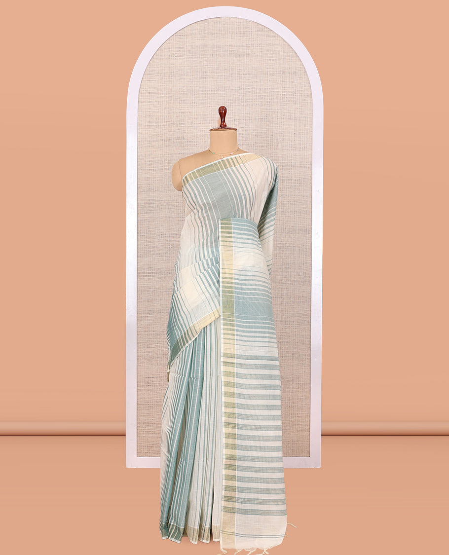 Cream-Green Jute Cotton Saree