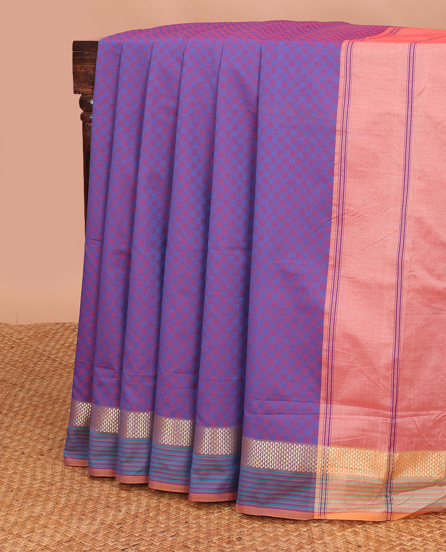 Purple checkered poly cotton saree with contrast zari design border & striped pallu